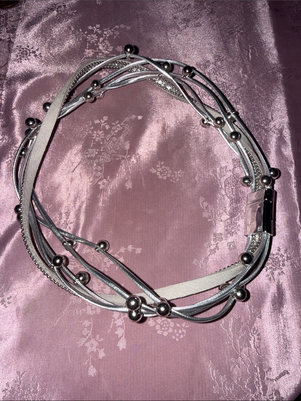 Multi-strand silver, leather crystals and bead double wrap bracelet